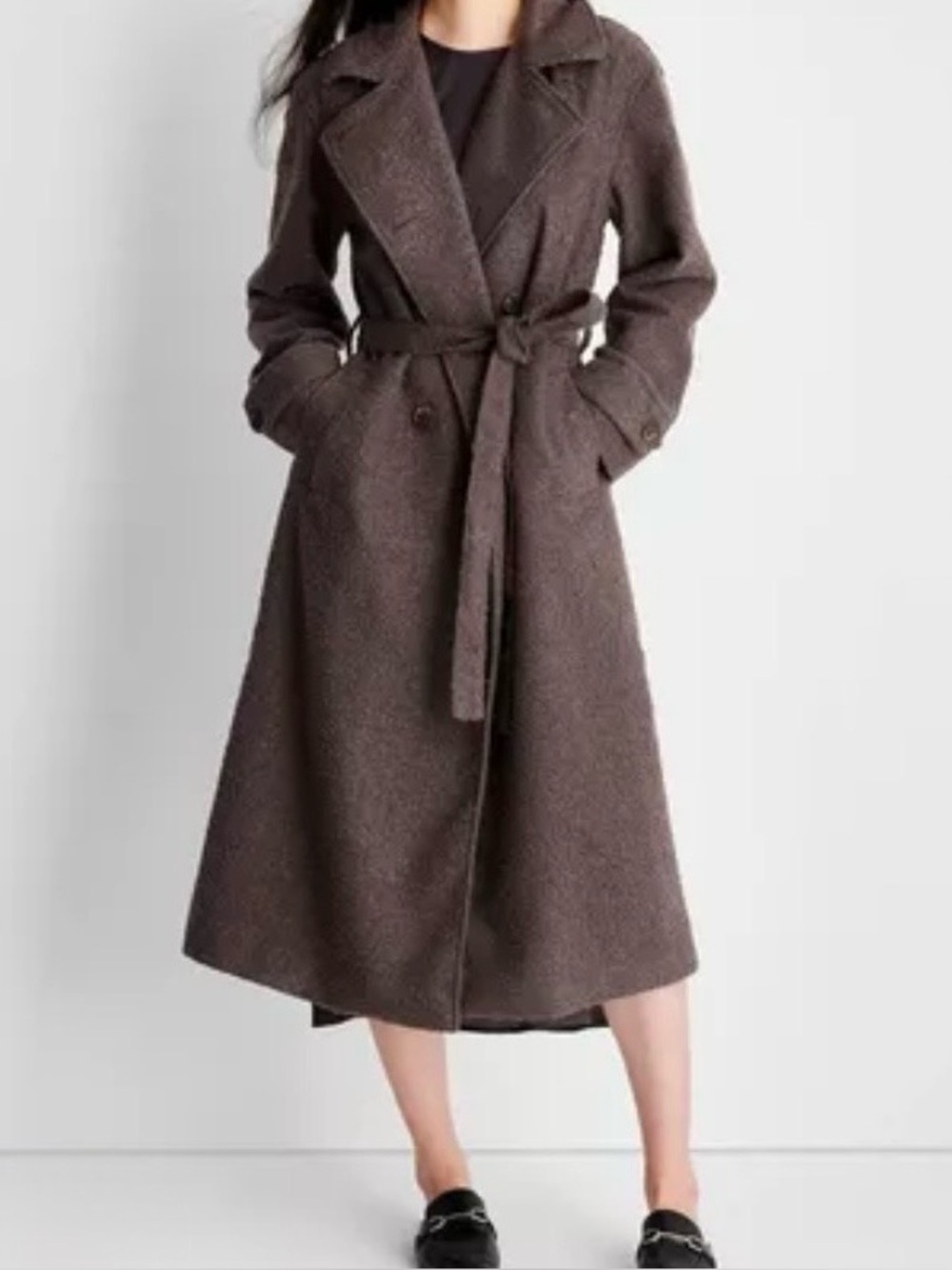 Future Collective Brown Textured Wool-Blend Long Belted Trench Coat Size Medium